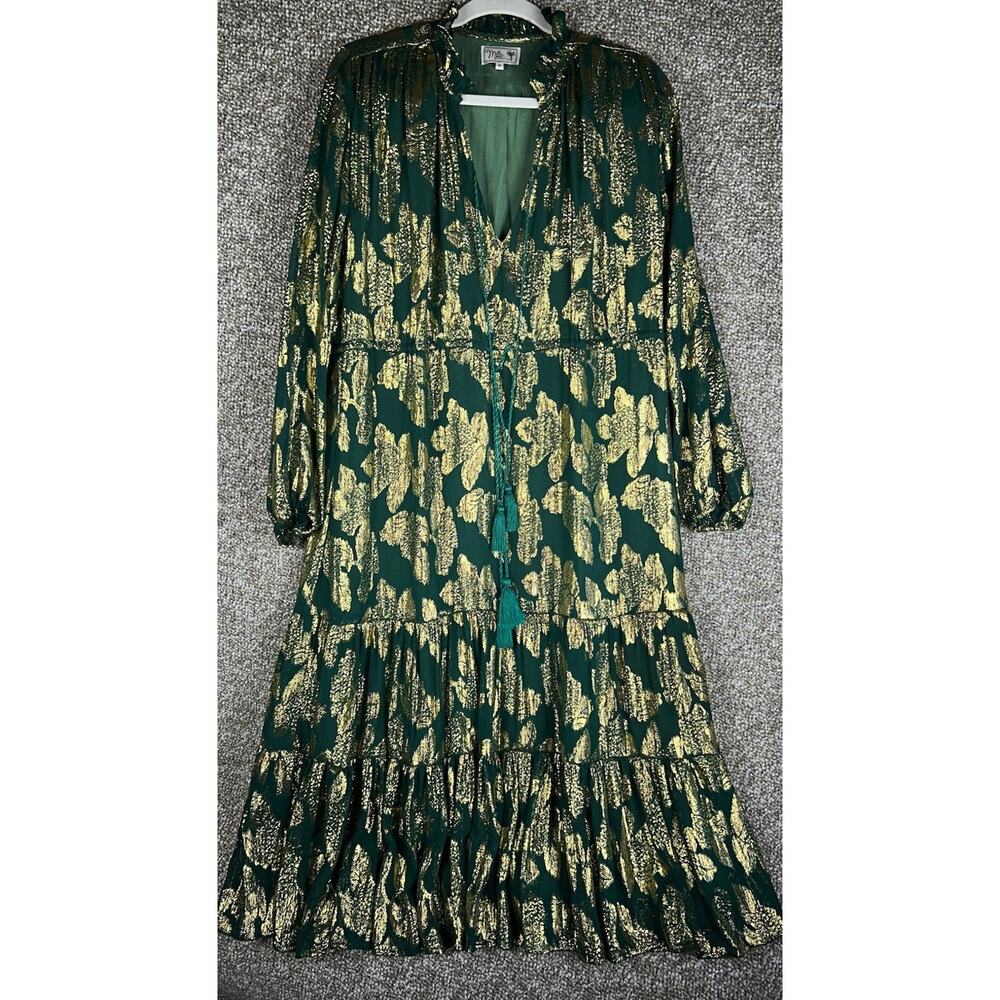 Millie Resort & Travel Green Gold Silk Peasant Boho Dress Metallic Resort